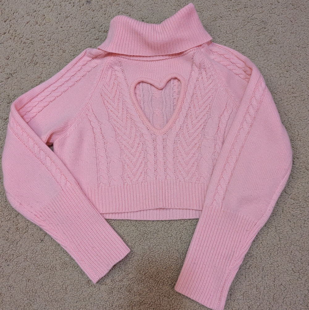 Heart Cutout Cropped Pink Turtleneck Sweater